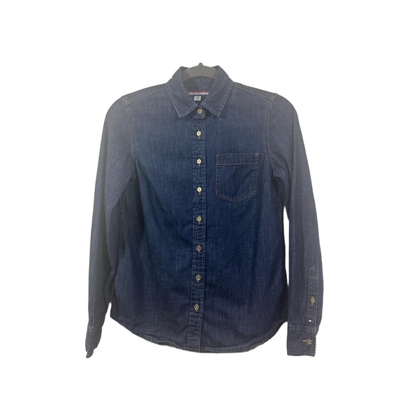 TOMMY HILFIGER Womens Size XXSmall Petite Dark Blue Denim Button Up Long Sleeve - Picture 1 of 10
